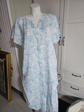 NWT Nottibianche Woven Caftan Patio Dress 2X Plus Blue Tropical Hibiscus Lounge
